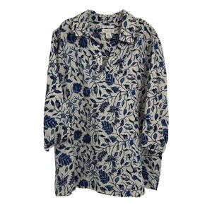 Rachel Zoe Size 1X Women’s 100% Linen Cream Blue Floral Popover Tunic Blouse